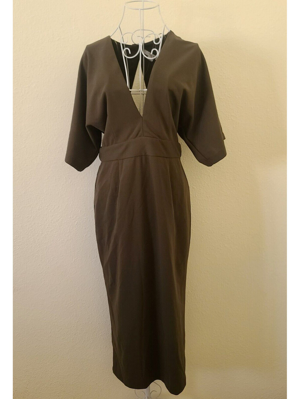 Favlux Open Back Dress Size L Olive Green Midi Stretch Tie Back Short Sleeves